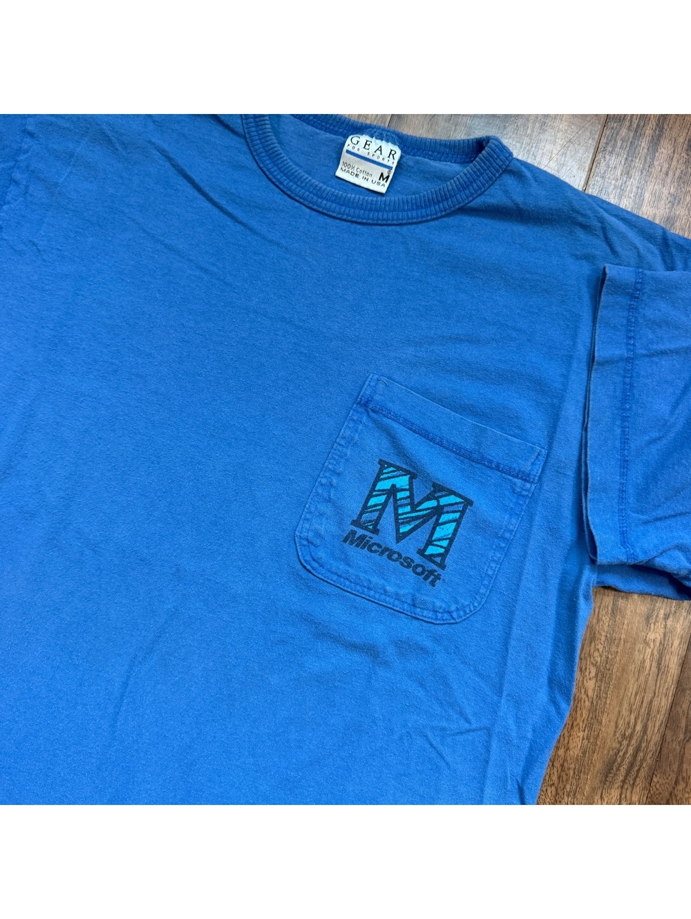Vintage 90s Microsoft Pocket T Shirt Redmond Medium Blue USA